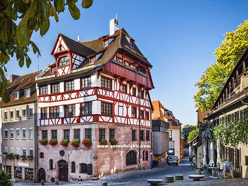 The Albrecht Dürer House in Nuremberg at the foot of the castle and the city walls.