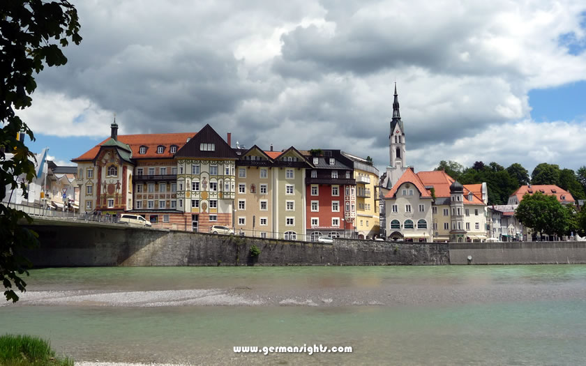 The historic centre of Bad Tolz Germany seen from the other bank of the Isar
