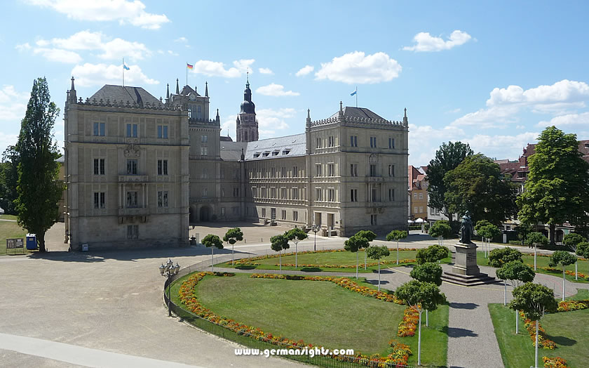 The impressive Schlossplatz in the old town of Coburg, with Ehrenburg Palace, the former residence of the ruling family of Saxe-Coburg
