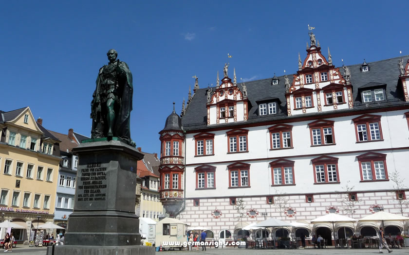 The Stadthaus on Coburg's Market Square, with the statue of Prince Albert of Saxe-Coburg.