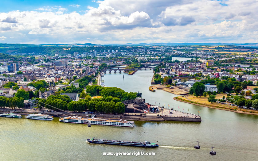 The Mosel river joining the Rhine at the German Corner