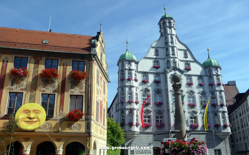 View of the Renaissance facade of the town hall in Memmingen