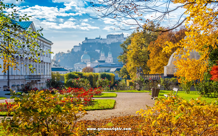 The Mirabell Palace gardens with the Salzburg fortress behind