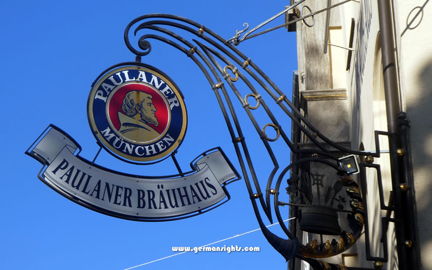 The famous sign of Paulaner beer in Munich