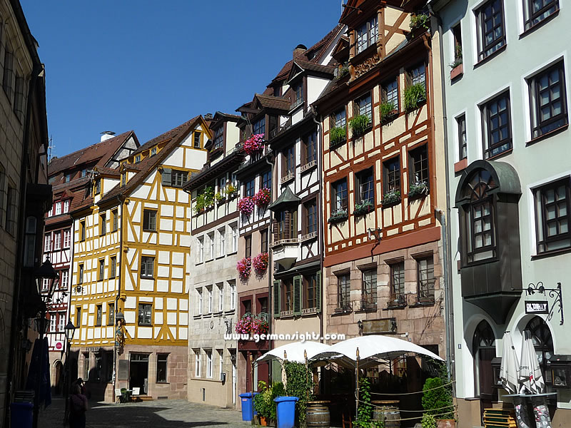Some of the timber-framed houses in the former leather-tanning area of the old town of Nuremberg