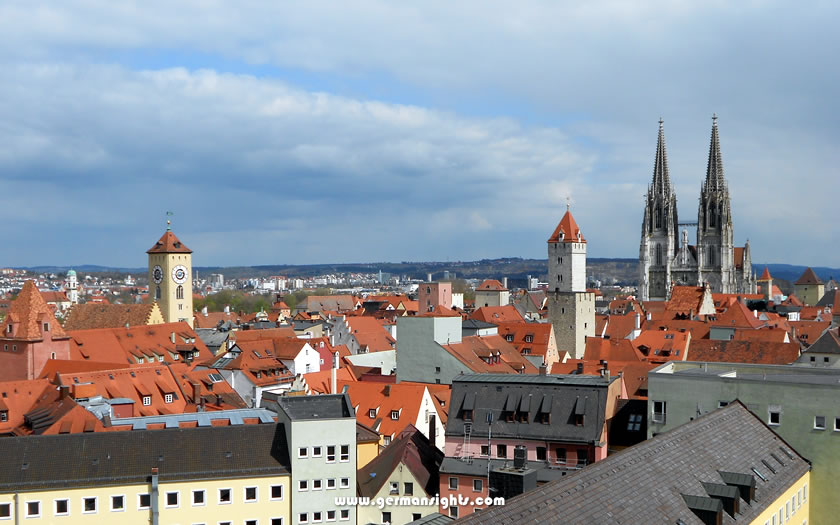 The rooftops of Regensburg and the cathedral spires