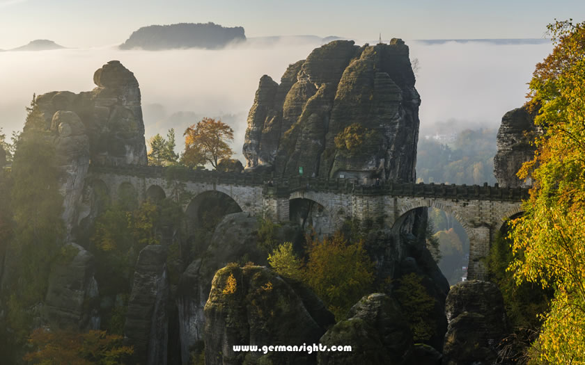 The Bastei Bridge and rock formations in the Saxon Switzerland National Park
